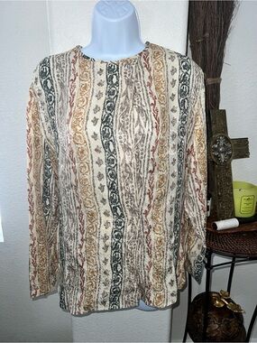 Anne Klein II Silk Women’s Patterned Crewneck Long-Sleeve Top - Cream Multi